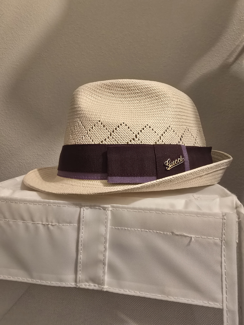 Gucci Straw Fedora with Purple Ribbon